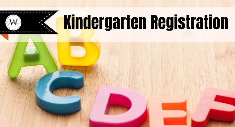 Kindergarten Registration banner and magnet letters on table